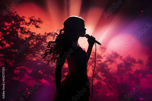Stylish photography of folklore girl singing to a microphone on stage. AI generative