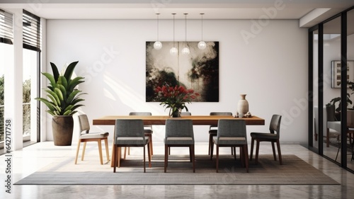 Interior design inspiration of Modern Minimal style home dining room loveliness decorated with Glass and Wood material and Chandelier .Generative AI home interior design . © Summit Art Creations
