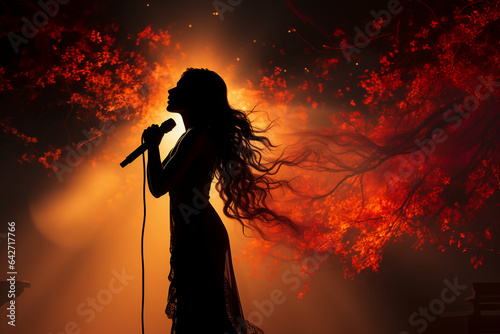 Stylish photography of folklore girl singing to a microphone on stage. AI generative