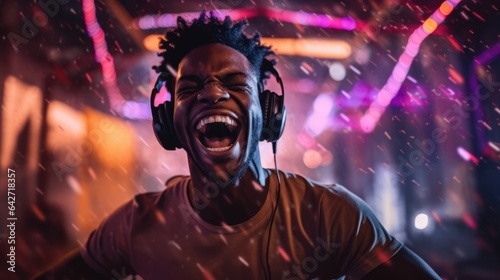 candid shot of an excited young african man party with headphones. beautiful Generative AI AIG32