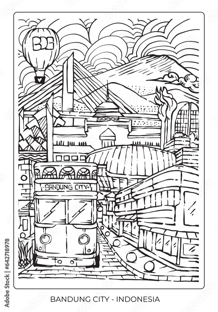 Bandung city line art vector illustration poster