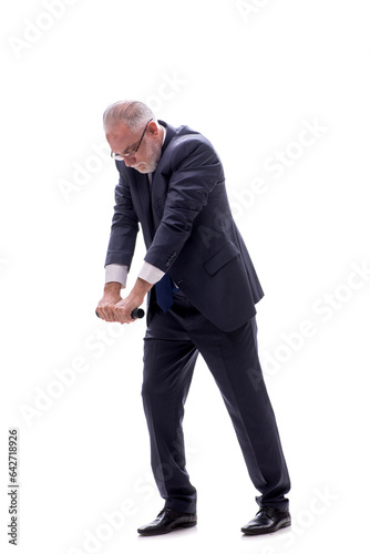 Old businessman holding penlight isolated on white