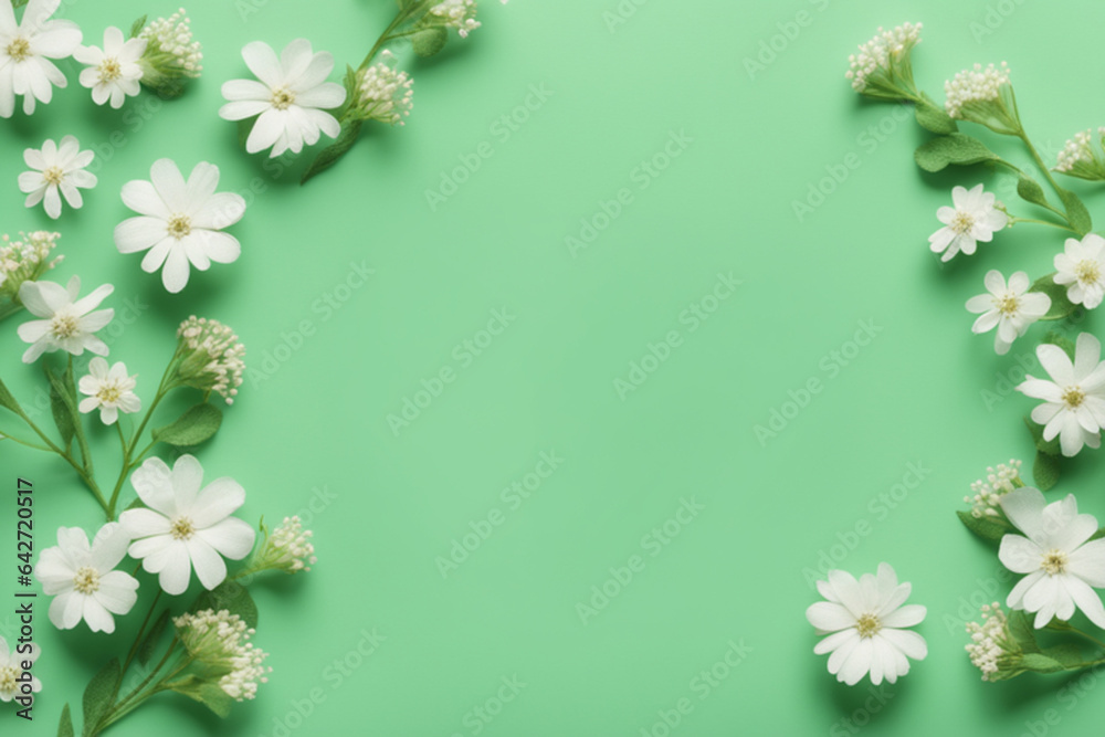 Pastel green background with white flowers with copy space.