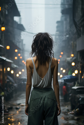 Video of girl standing alone in city street with back view. AI generative © SANGHYUN