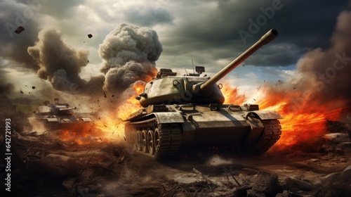 Fotografia a armored tank shooting of a battle field in a war
