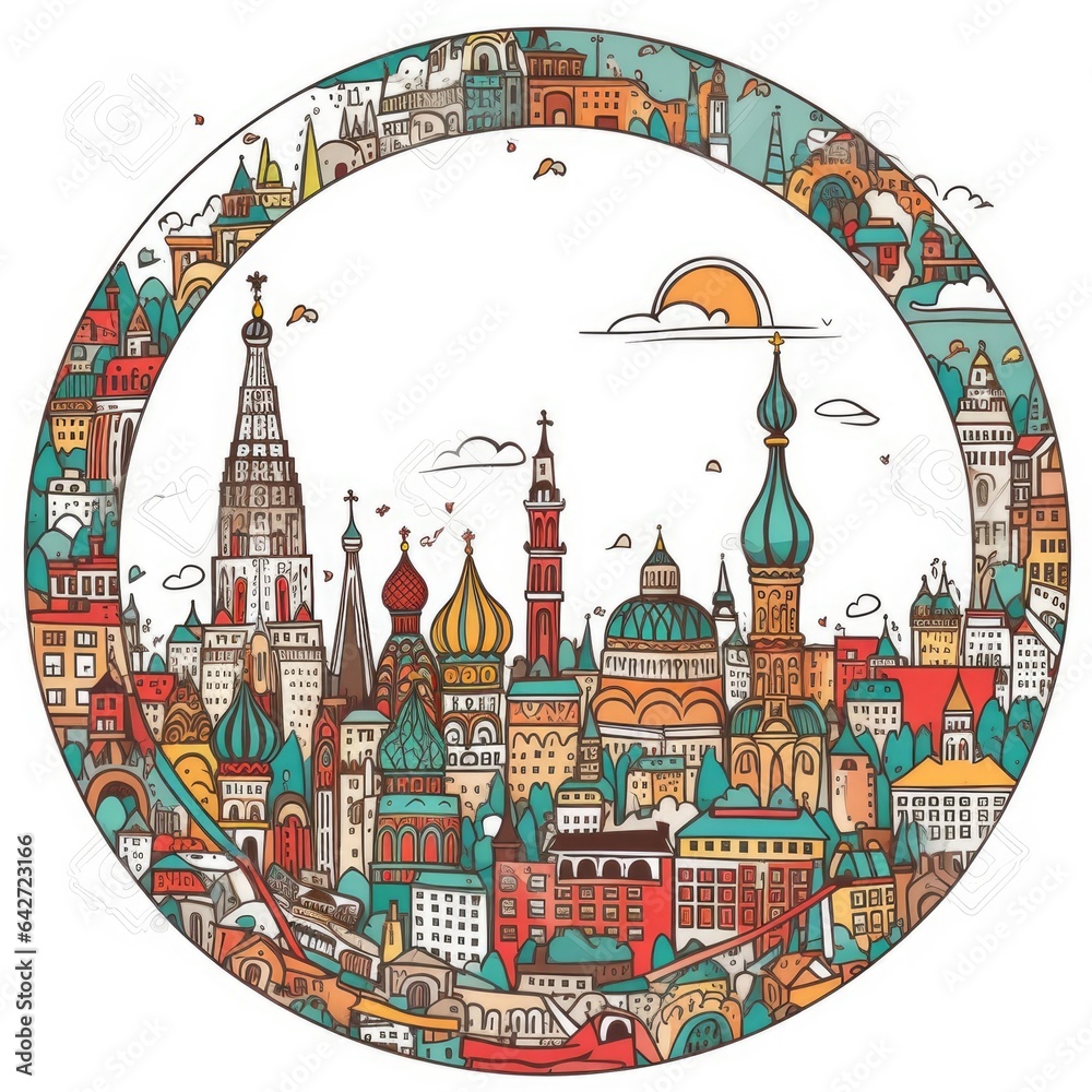 A circle shape frame with center space of Moscow city skyline in simple doodle color cartoon style. beautiful Generative AI AIG32