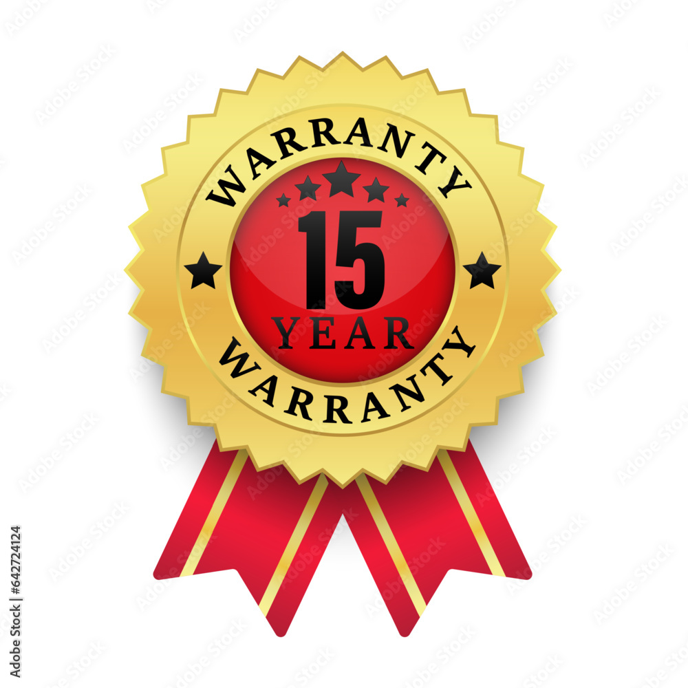 Realistic warranty number 15 years golden label isolated on white background, Red ribbon style, Warranty logo design isolated on white background, Vector golden warranty and illustration. Realistic warranty number 15 years golden label isolated on white background, Red ribbon style, Warranty logo design isolated on white background, Vector golden warranty and illustration.