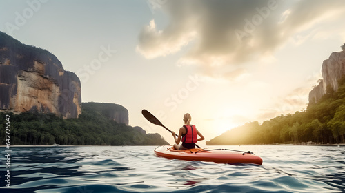 Rear view of woman kayaking in lake with background of beautiful landscape.