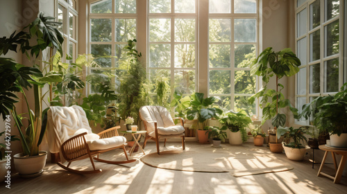 大きな白い窓からたくさん木漏れ日が入ってくる光いっぱいのサンルームに観葉植物と椅子が2脚ある写真