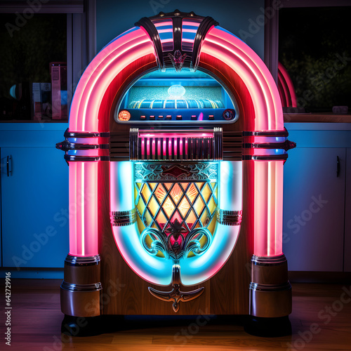 An old fashioned jukebox in a retro 1950's diner. A music and nostalgia concept. Generative ai. 