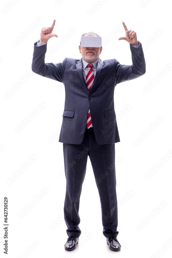 Old businessman wearing virtual glasses isolated on white Old businessman wearing virtual glasses isolated on white