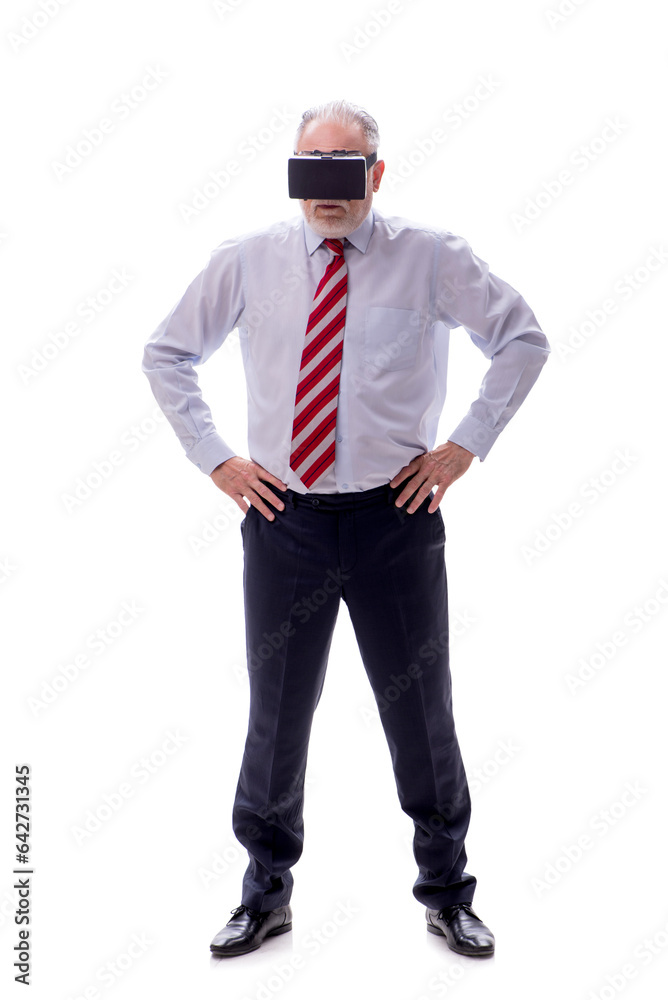 Old businessman wearing virtual glasses isolated on white Old businessman wearing virtual glasses isolated on white