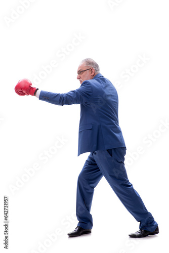 Old businessman boxing isolated on white