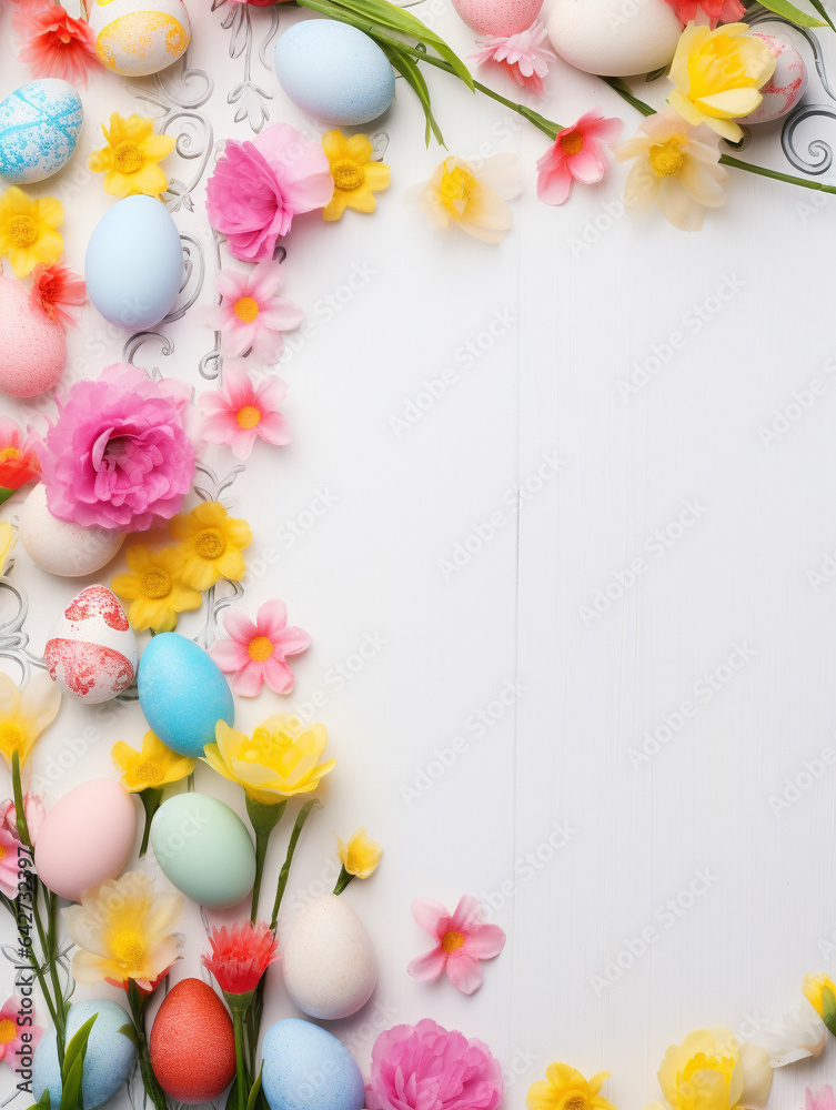 カラフルなイースターの卵と春の花の背景素材　Generative AI