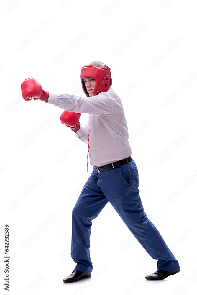 Old businessman boxing isolated on white Old businessman boxing isolated on white
