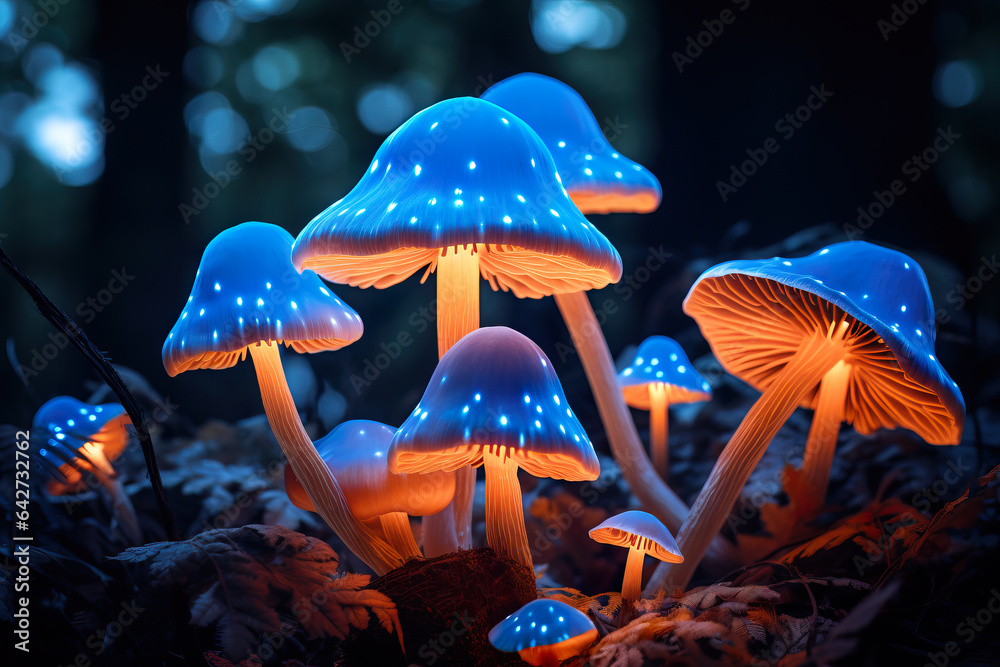 Magical fairy colorful fairy mushrooms in the forest concept