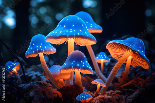 Magical fairy colorful fairy mushrooms in the forest concept