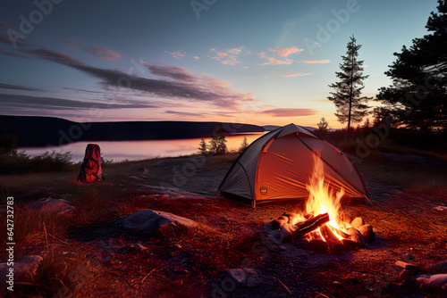 Camping in the mountains with a beautiful landscape, sky and campfire