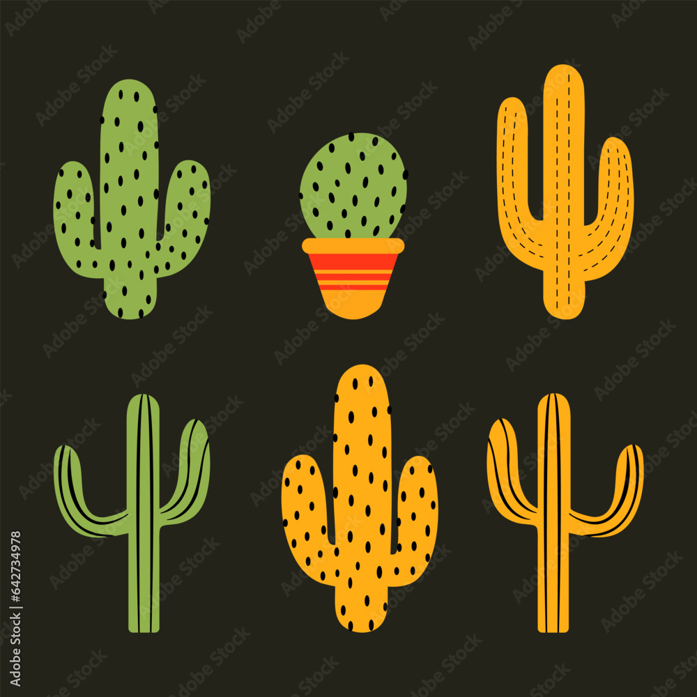 Fototapeta premium Simple shapes colorful cactus vector illustartion. Flat, hand drawn style. Simple design clipart. Cactus in a pot with ornament. Elements for pattern, poster, logo, scrapbooking, greeting card.