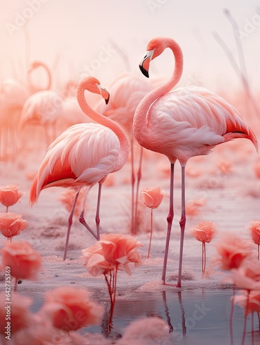 pink flamingos standing in the water with their heads turned to look like they are looking at each other birds photo