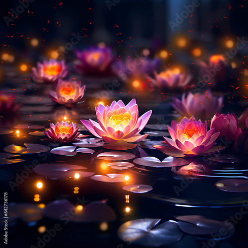 water lily on pond, pink, colorful, lights, fireflies