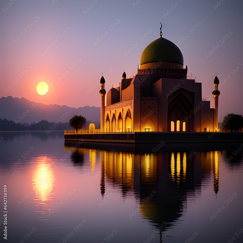 beautiful mosque in the middle of the lake with generative A