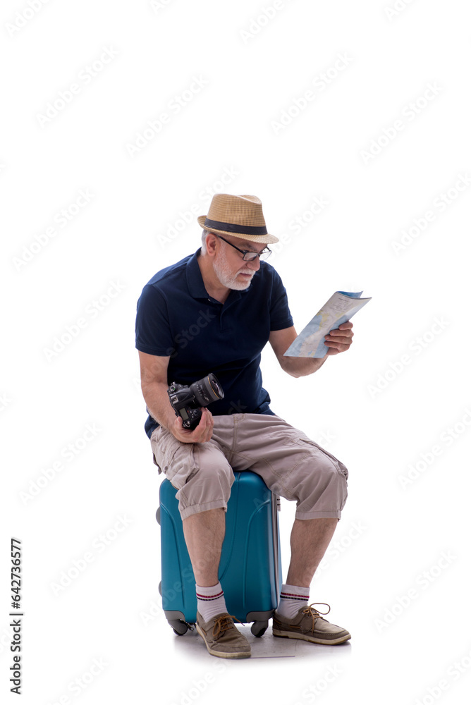 Old man in travelling concept isolated on white Old man in travelling concept isolated on white