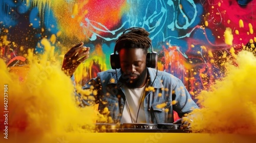 candid an excited DJ young african man mixing music at turntables with headphones. beautiful Generative AI AIG32 photo