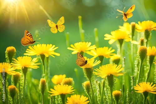 Cheerful buoyant spring summer shot of yellow Santolina flowers and butterflies in meadow in nature outdoors on bright sunny day, macro. Soft selective focus. © Farhana