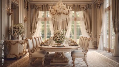 Interior design inspiration of Classic Traditional style home dining room loveliness decorated with Wood and Crystal material and Chandelier .Generative AI home interior design .