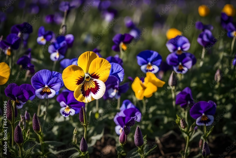 closeup of  pansy flower, flowers field background, fresh flower photo, beautiful floral image