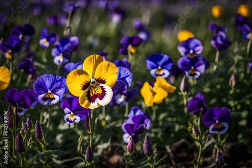 closeup of pansy flower, flowers field background, fresh flower photo, beautiful floral image