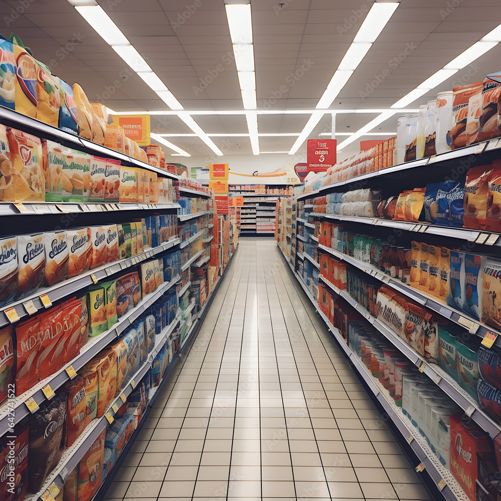 A grocery market aisle stocked with various foods. A market and food concept. Generative ai. 