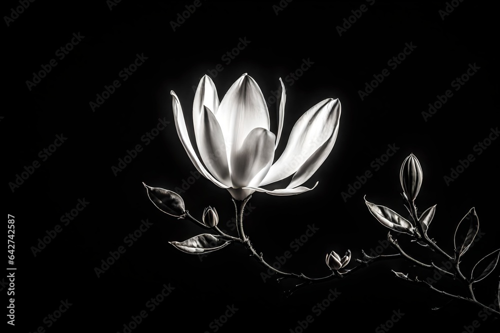 Monochrome image of a lone white magnolia against a black background