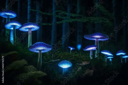 Low-light capture of bioluminescent mushrooms growing among forest flowers