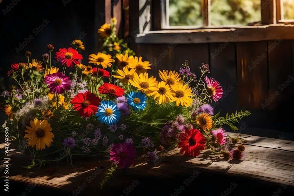 a colorful bunch of wild flowers placed on a weathered wooden table in a sunlit room