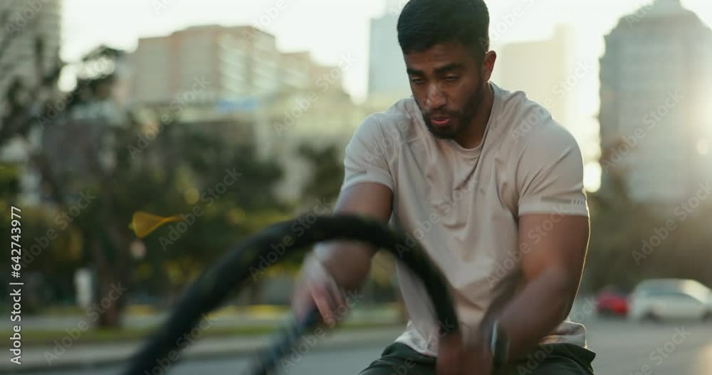 Resilience Rope Exercise, fitness and man with battle ropes in a city for bodybuilding ...