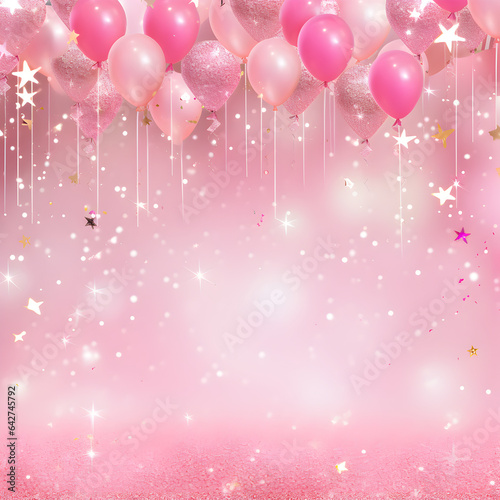 Pink balloons will pink sparkly background with room for design. A copy space perfect for birthday invitations. Generative ai. 