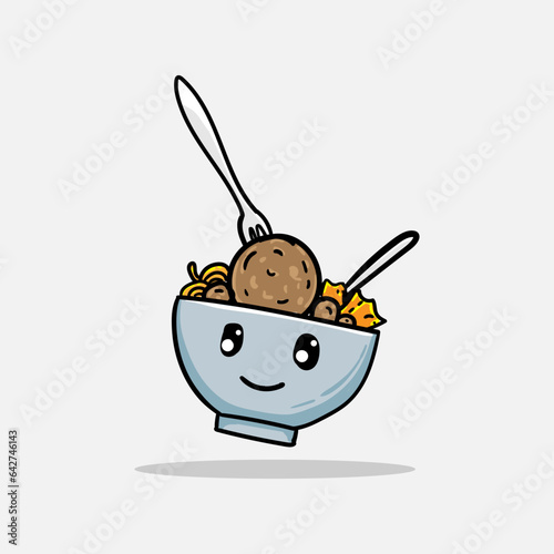 Bakso In a Bowl With Fork And Spoon Cute Kawaii Vector Illustration Art