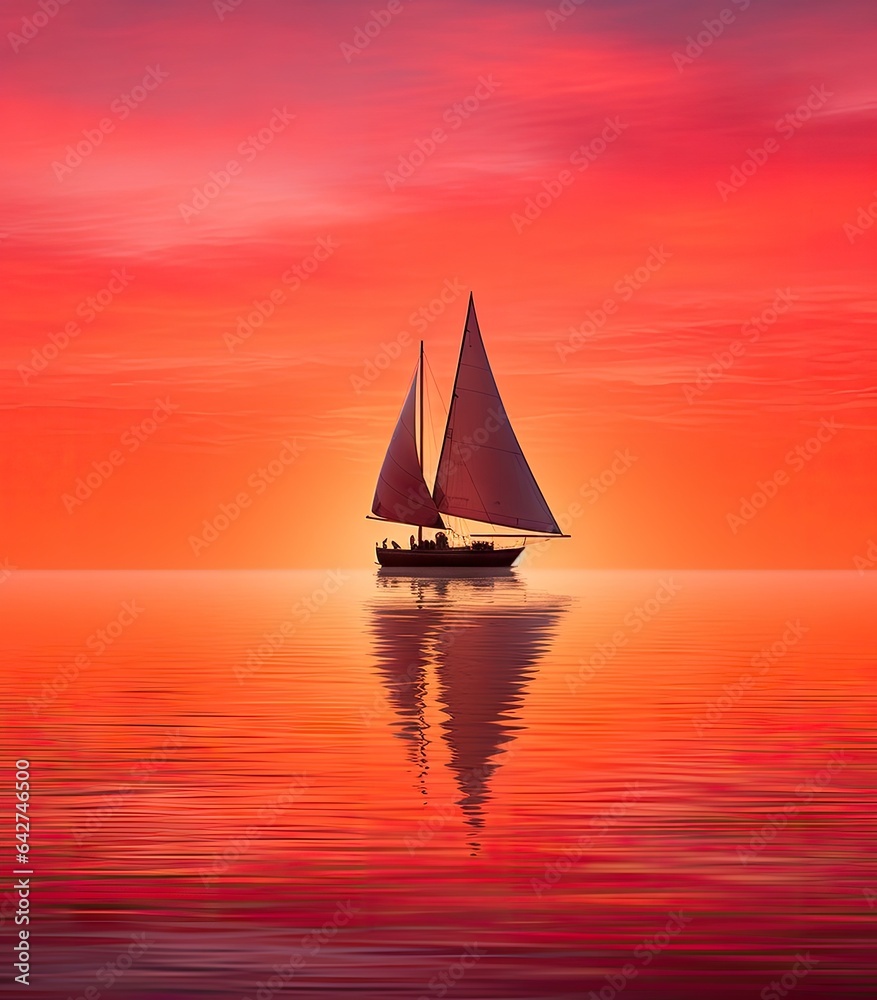 a sailer in the ocean at sunset, with an orange sky and pink clouds reflected by the calm waters