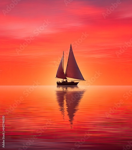 Fotografia a sailer in the ocean at sunset, with an orange sky and pink clouds reflected by