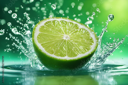Fresh lime cut in half with water splash isolated on green background.