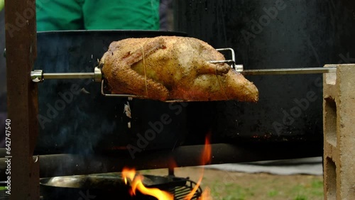 Sow motion of whole skewed duck being cooked over fire pit using automatic rotisserie. Fat and juice render as meat being browned. photo