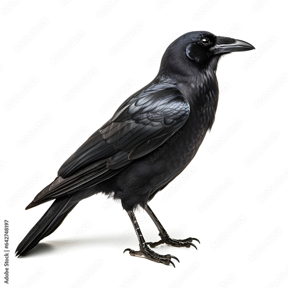 A Raven isolated with a white background. Large black crow-like bird. Generative ai. A Raven isolated with a white background. Large black crow-like bird. Generative ai.