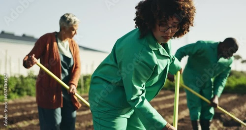 Soil, agriculture and team of workers on farm gardening for vegetables, produce harvest and crops. Agro business, sustainability and men and women in countryside for planting, plow earth and farming photo