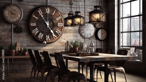 Interior design inspiration of Industrial Rustic style home dining room loveliness decorated with Metal and Wood material and Edison Bulb Pendant Light .Generative AI home interior design .