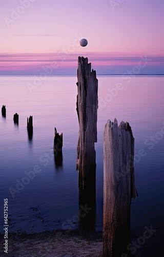 some old wooden posts in the water at dusk with a pink and purple sky behind them are two dead trees