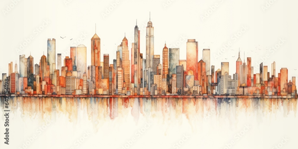 city skyline color pencil drawing on white background. beautiful Generative AI AIG32