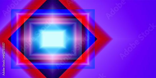 Abstract cosmic vibrant color square border. Blue, red-purple banner frame design. Top view futuristic style. Set of glowing neon lighting isolated on background with copy space.
