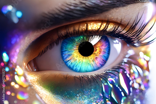 Macro close-up of an eye with magic fantasy makeup. Generative Ai 